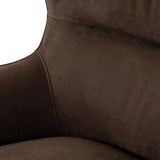 Modern wingback with a twist of barrel back design, this enveloping swivel chair comes with velvety upholstery in a deep brow