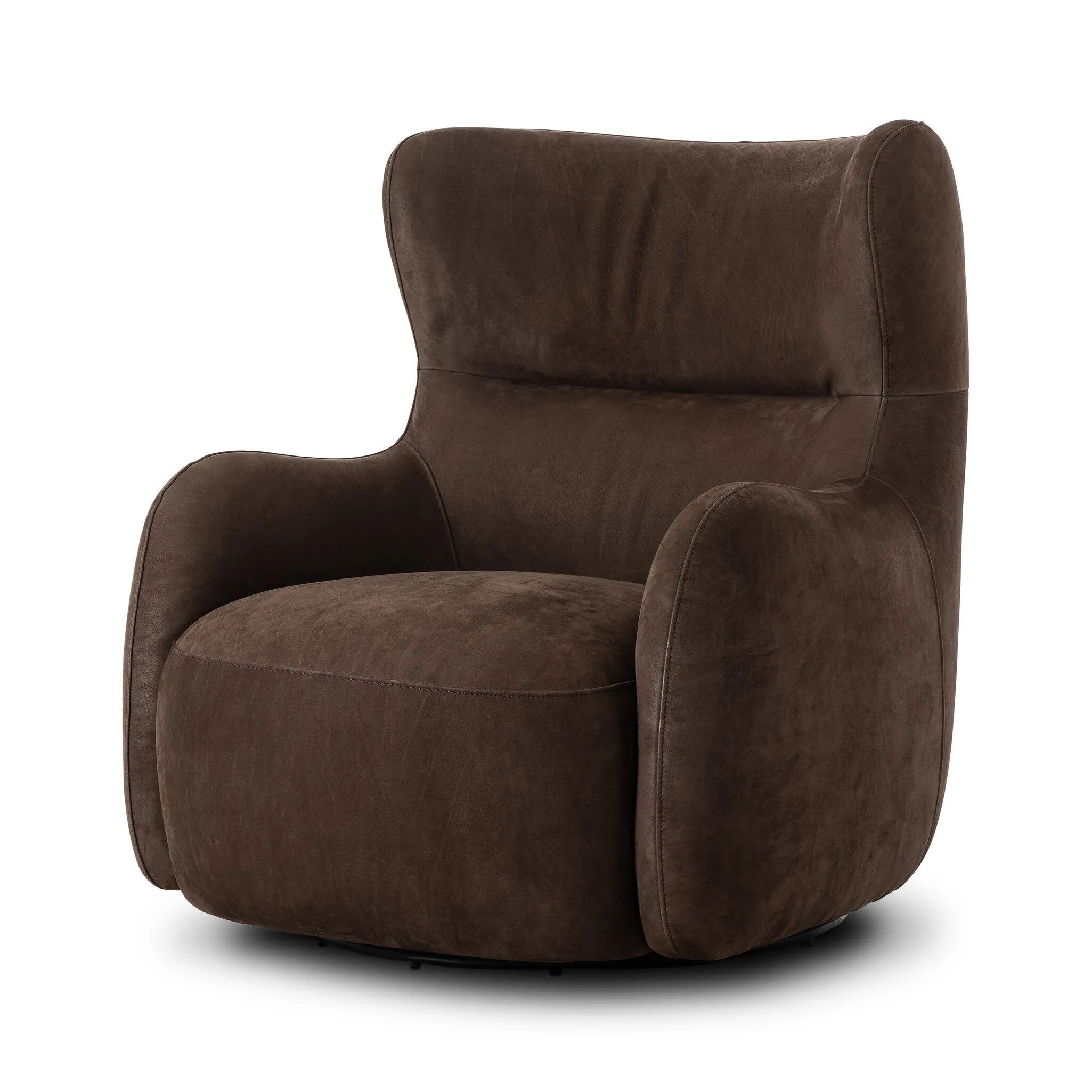 Modern wingback with a twist of barrel back design, this enveloping swivel chair comes with velvety upholstery in a deep brow
