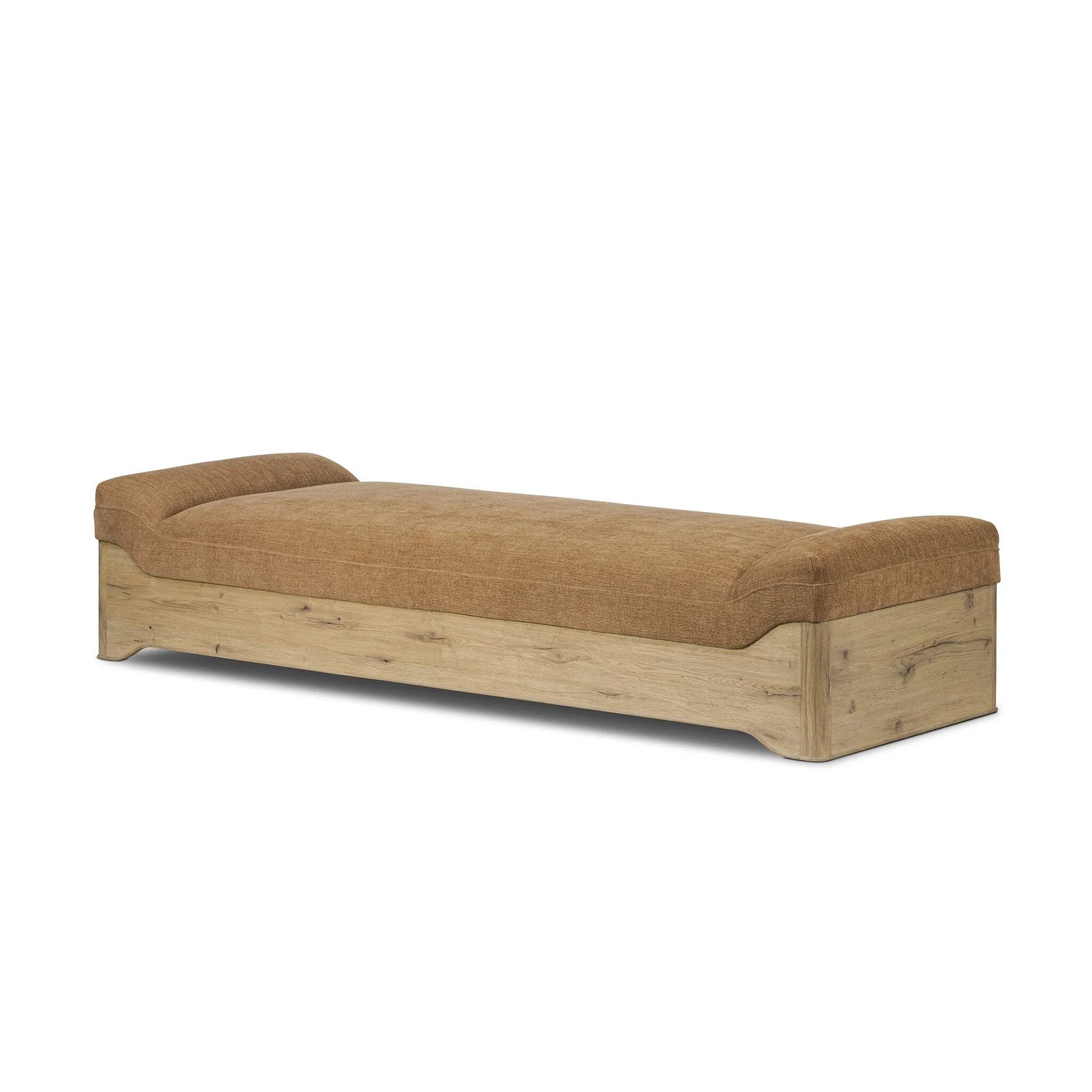 This statement-making chaise takes on an oversized shape-based silhouette, with a deep, chenille-upholstered seat and thick wood base. The subtly angled seating doubles as head support for a refined look, perfect as room dividing piece Amethyst Home provides interior design, new home construction design consulting, vintage area rugs, and lighting in the Miami metro area.