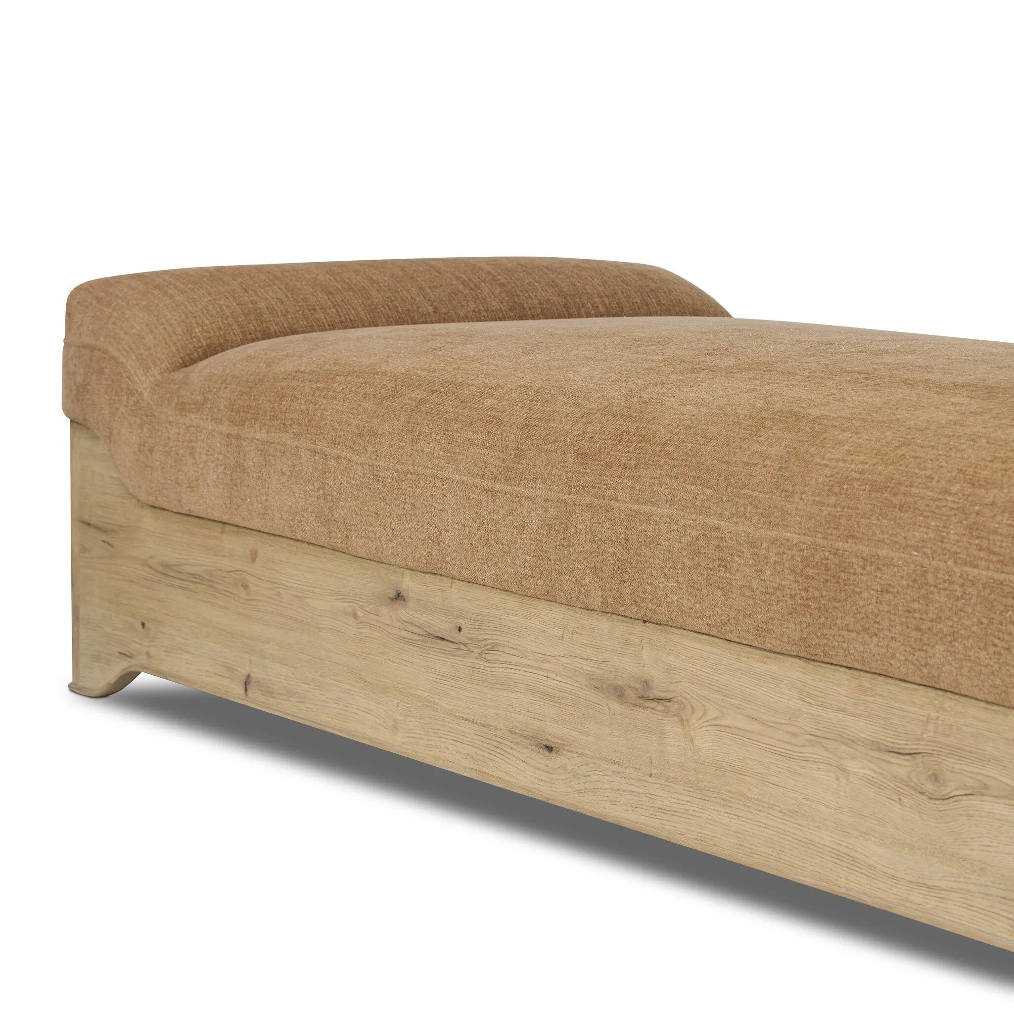 This statement-making chaise takes on an oversized shape-based silhouette, with a deep, chenille-upholstered seat and thick wood base. The subtly angled seating doubles as head support for a refined look, perfect as room dividing piece Amethyst Home provides interior design, new home construction design consulting, vintage area rugs, and lighting in the Park City metro area.
