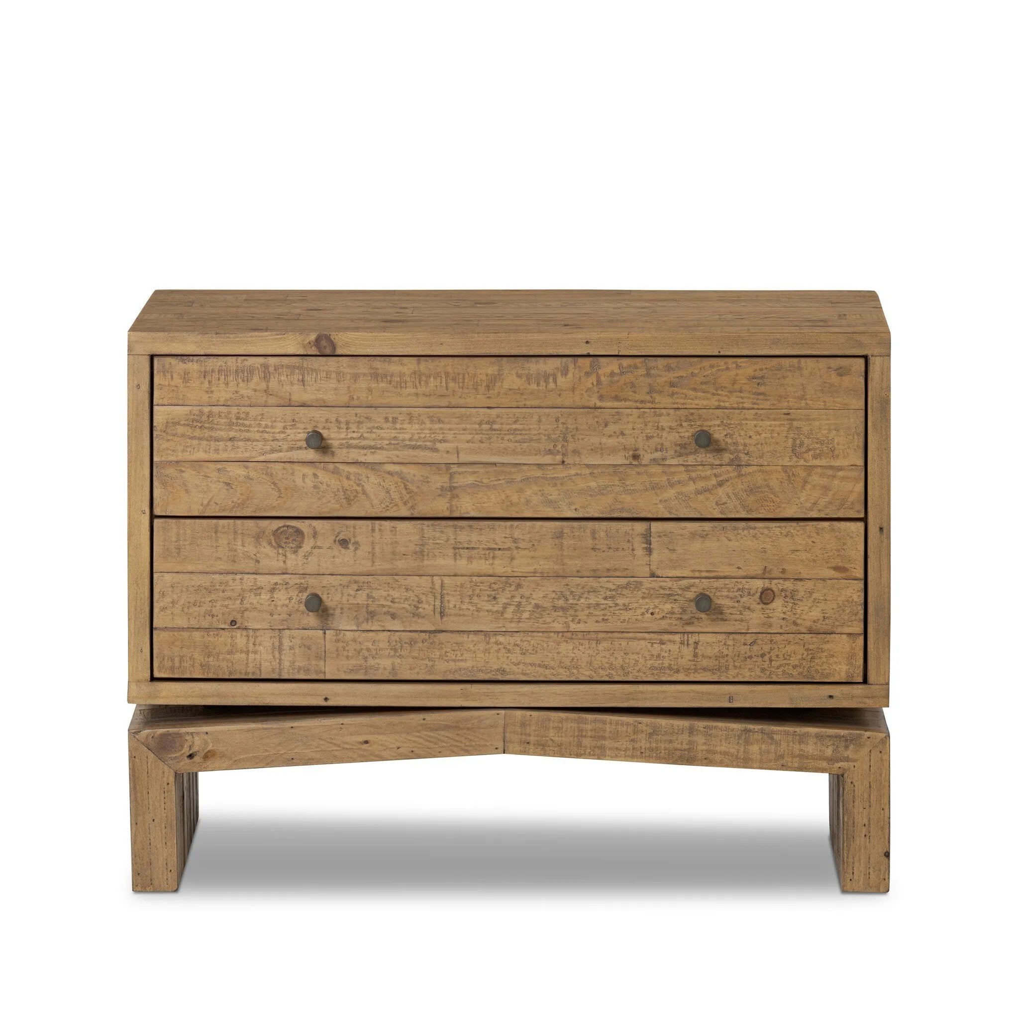 Bring organic character to your bedside with a two-drawer dresser of solid reclaimed pine. A rustic finish plays up natural knots and graining, for a beautifully rich look Amethyst Home provides interior design, new home construction design consulting, vintage area rugs, and lighting in the Alpharetta metro area.