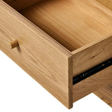 Featuring Millbrook Natural Light Oak Media Console by Four Hands at Amethyst Home. Inspired by a vintage general store counter, this console table features a heritage design with a modern twist. Thick oak legs with softened corners provide sturdy support, while oak knobs add a touch of classic charm. The inset tray top and varied drawer configuration offer. Amethyst Home provides interior design, new home construction design consulting, vintage area rugs, and lighting in the Charlotte metro area.