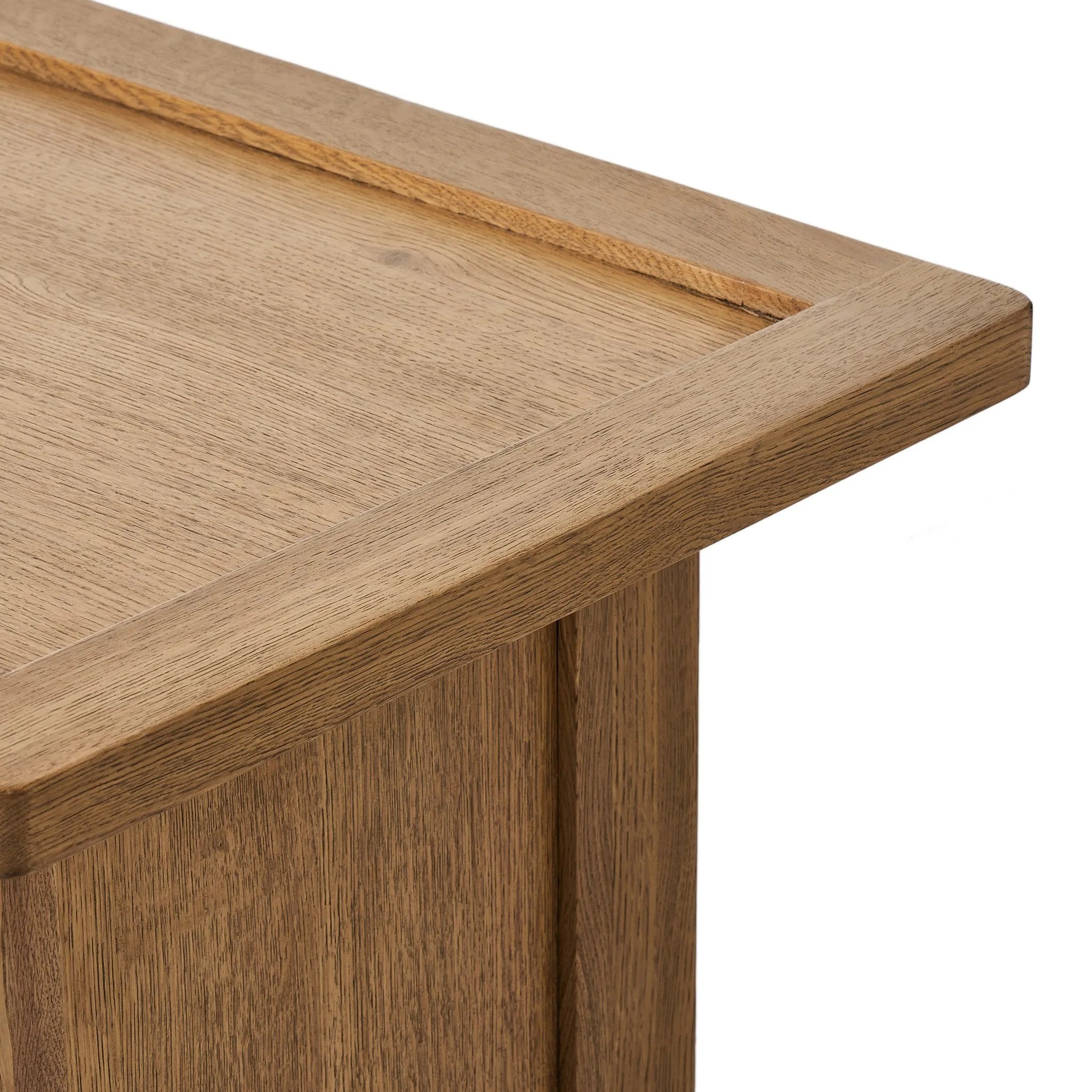 Featuring Millbrook Natural Light Oak Media Console by Four Hands at Amethyst Home. Inspired by a vintage general store counter, this console table features a heritage design with a modern twist. Thick oak legs with softened corners provide sturdy support, while oak knobs add a touch of classic charm. The inset tray top and varied drawer configuration offer amp. Amethyst Home provides interior design, new home construction design consulting, vintage area rugs, and lighting in the Tampa metro area.