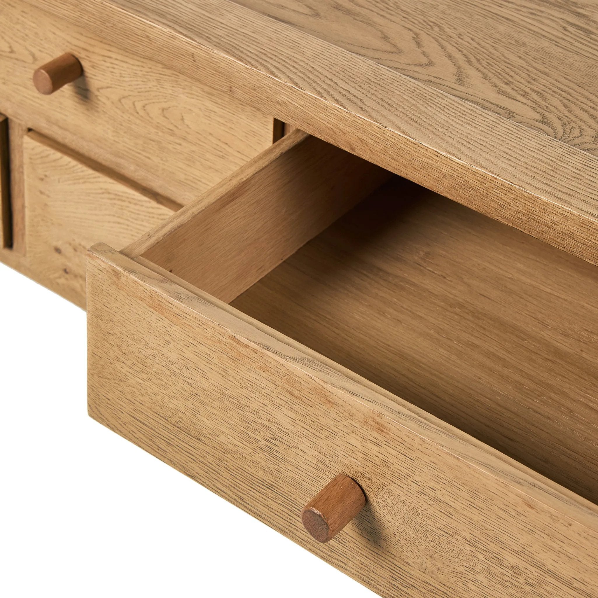 Featuring Millbrook Natural Light Oak Veneer Console Table by Four Hands at Amethyst Home. Inspired by a vintage general store counter, this console table features a heritage design with a modern twist. Thick oak legs with softened corners provide sturdy support, while oak knobs add a touch of classic charm. The inset tray top and varied drawer configuratio. Amethyst Home provides interior design, new home construction design consulting, vintage area rugs, and lighting in the Nashville metro area.