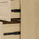 A light-finished oak veneer nightstand brings storage space to the bedside with two roomy drawers Amethyst Home provides interior design, new home construction design consulting, vintage area rugs, and lighting in the Austin metro area.