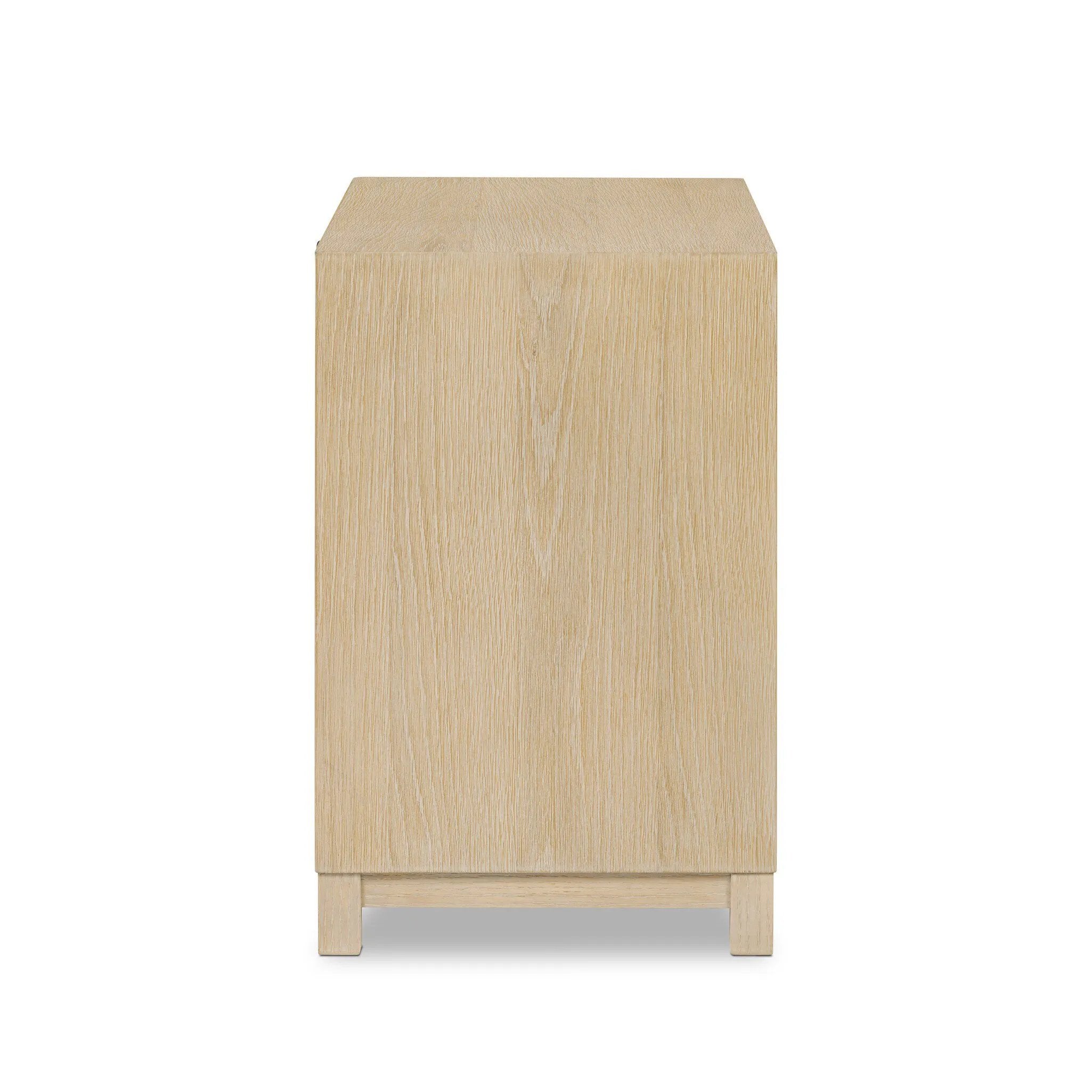 A light-finished oak veneer nightstand brings storage space to the bedside with two roomy drawers Amethyst Home provides interior design, new home construction design consulting, vintage area rugs, and lighting in the Newport Beach metro area.