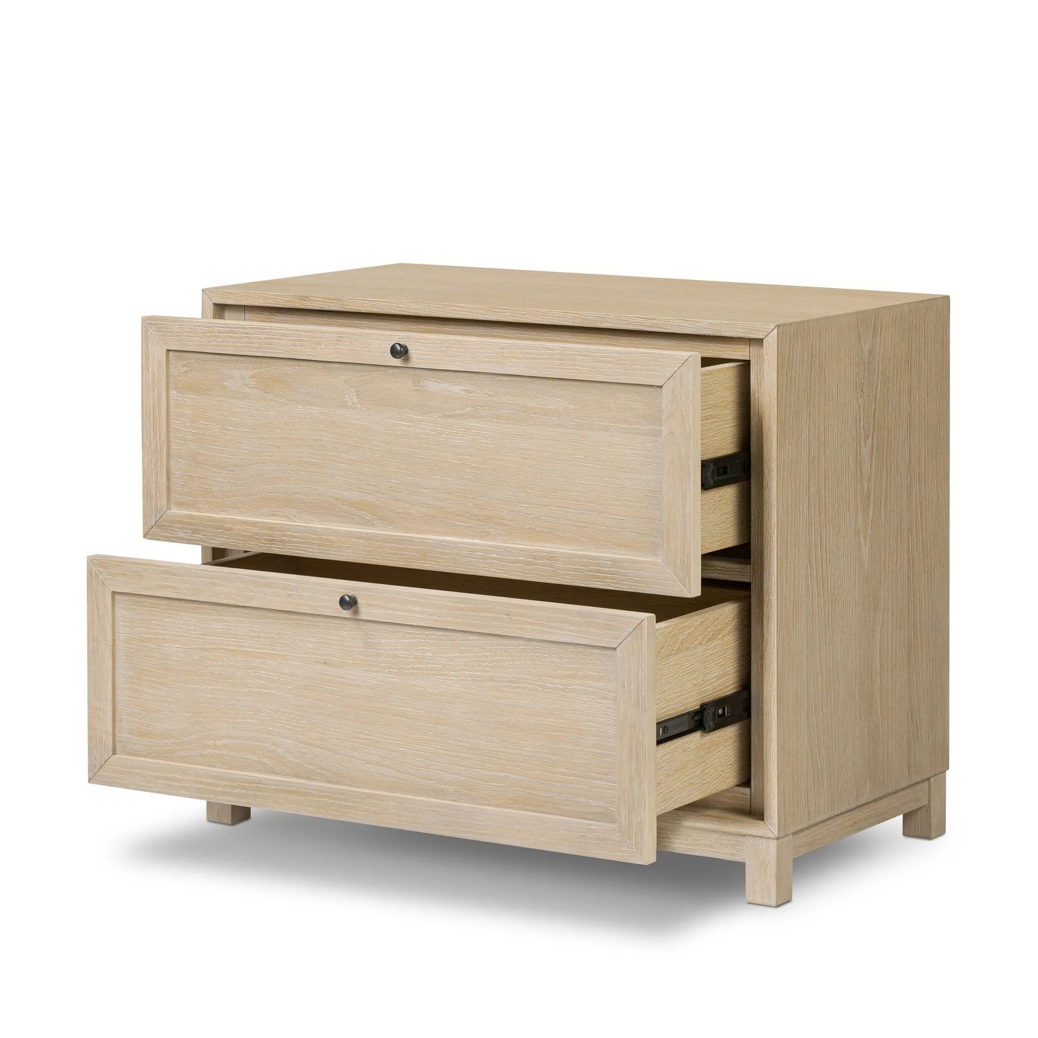 A light-finished oak veneer nightstand brings storage space to the bedside with two roomy drawers Amethyst Home provides interior design, new home construction design consulting, vintage area rugs, and lighting in the Salt Lake City metro area.