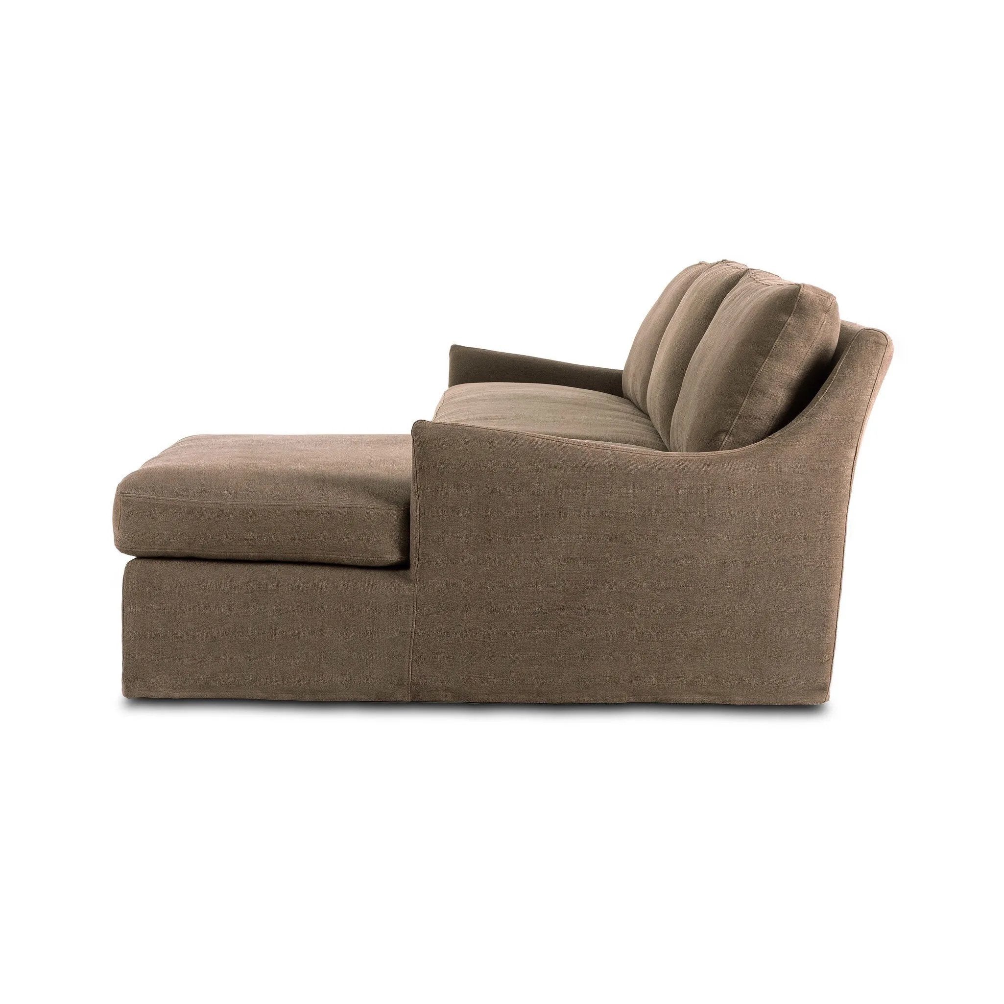 This two-piece sectional is defined by slightly sloping, flared arms and a floor-length slipcover. Finished in a soft, tight weave slipcover for a traditional style. Durable and soft to the touch, Libeco™-sourced linens are artisan-made and free of toxic chemicals. Slipcovered styles are fully removable and machine-washable for easy care Amethyst Home provides interior design, new home construction design consulting, vintage area rugs, and lighting in the Newport Beach metro area.