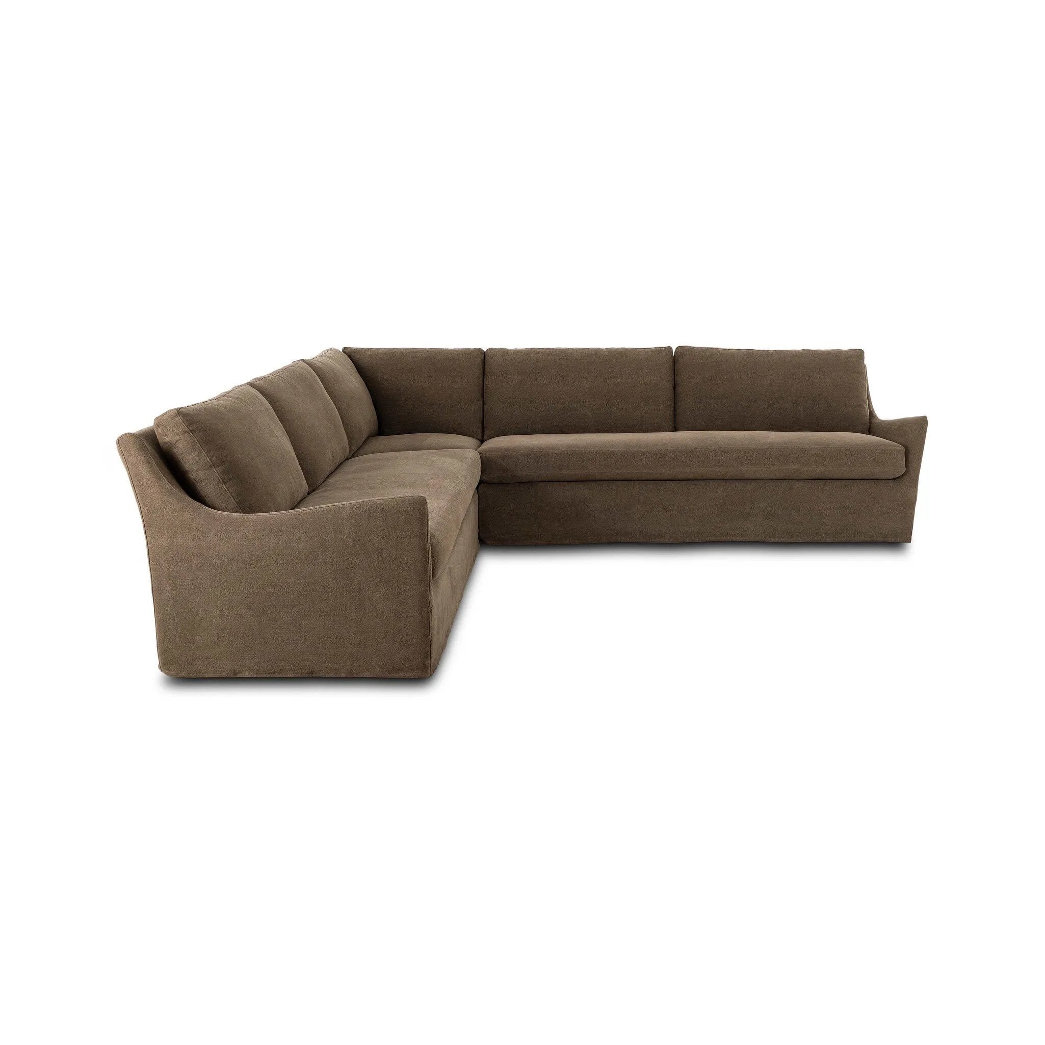 This three-piece sectional is defined by slightly sloping, flared arms and a floor-length slipcover. Finished in a soft, tight weave slipcover for a traditional style. Durable and soft to the touch, Libeco™-sourced linens are artisan-made and free of toxic chemicals. Slipcovered styles are fully removable and machine-washable for easy care Amethyst Home provides interior design, new home construction design consulting, vintage area rugs, and lighting in the Kansas City metro area.