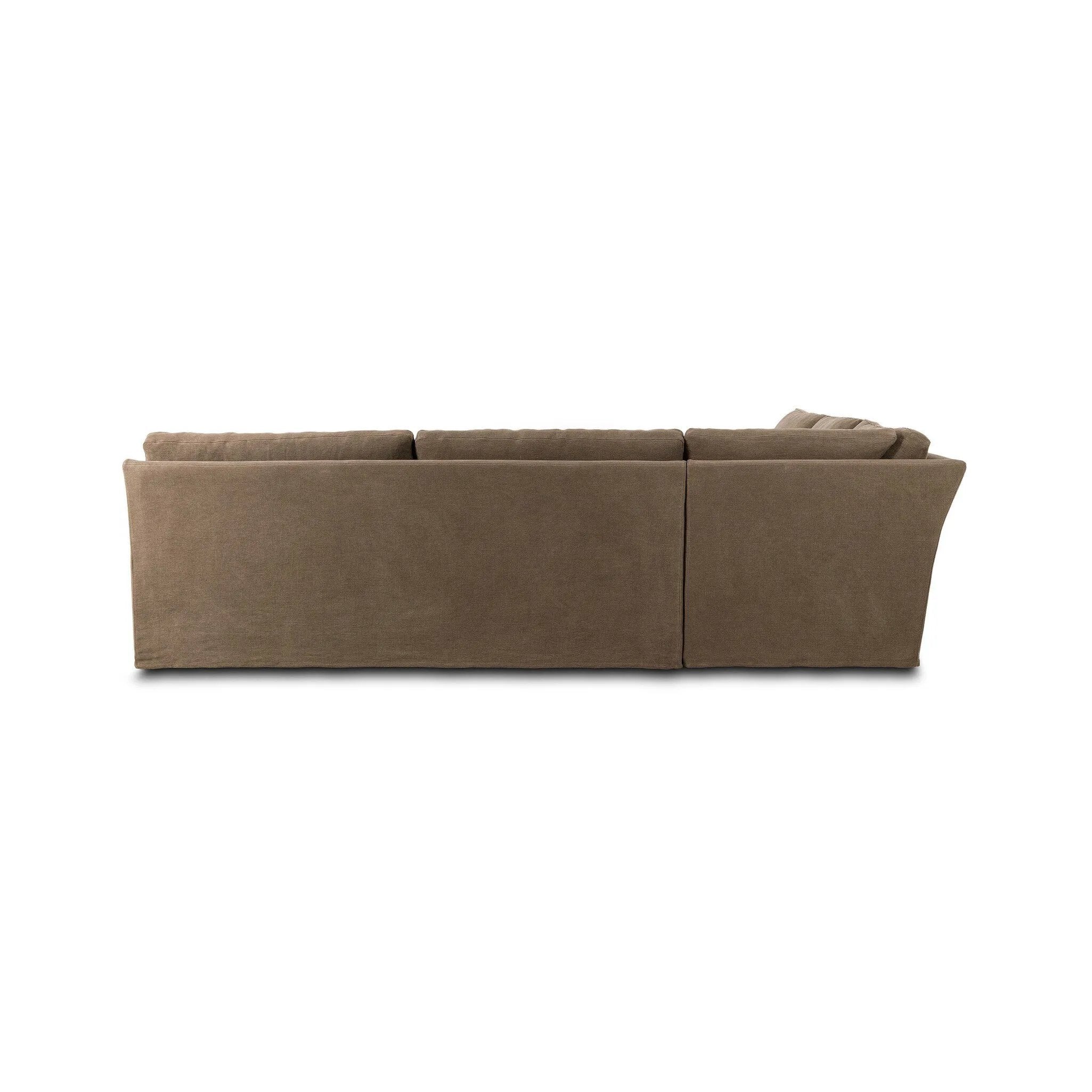 This three-piece sectional is defined by slightly sloping, flared arms and a floor-length slipcover. Finished in a soft, tight weave slipcover for a traditional style. Durable and soft to the touch, Libeco™-sourced linens are artisan-made and free of toxic chemicals. Slipcovered styles are fully removable and machine-washable for easy care Amethyst Home provides interior design, new home construction design consulting, vintage area rugs, and lighting in the Miami metro area.