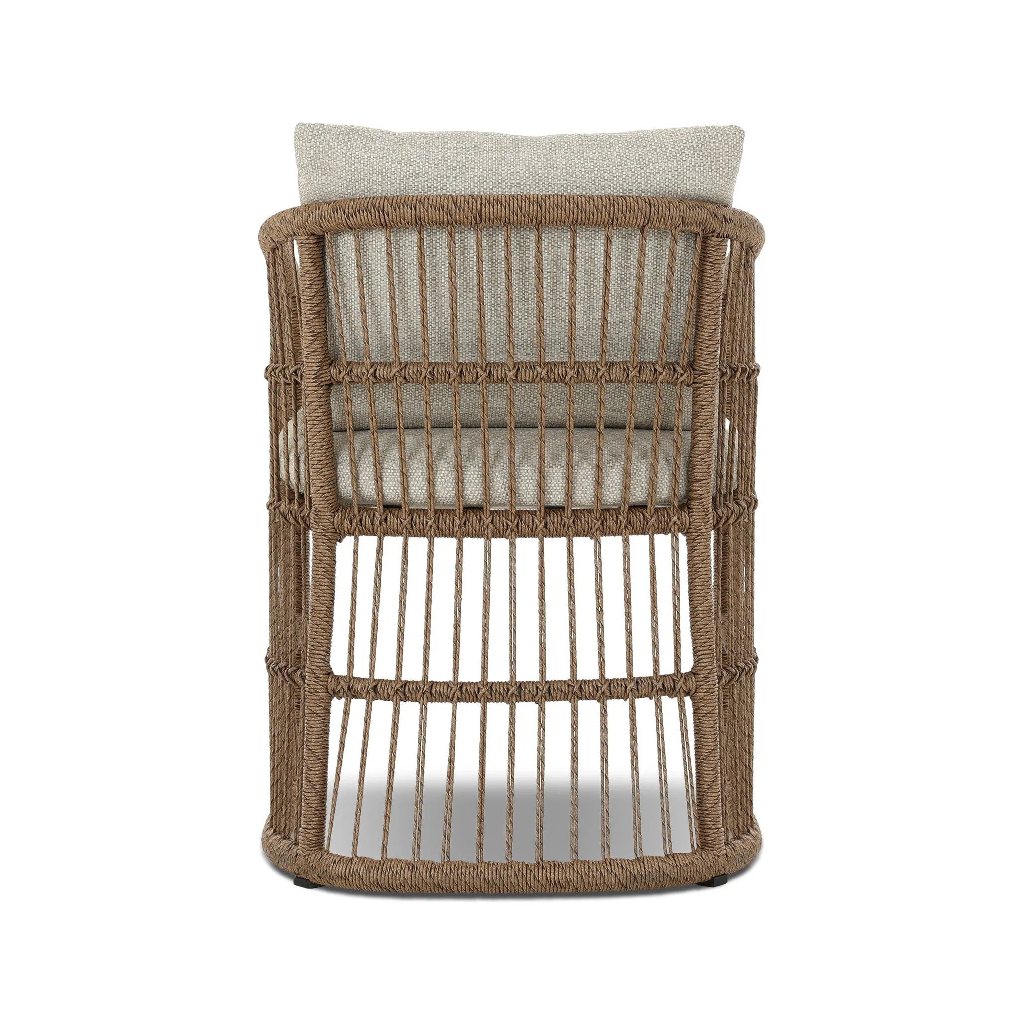 Cottage-inspired, faux hyacinth mimics its natural counterpart, with joint wrapping and texture for depth and character defining this outdoor dining chair. Varied proportion for dimension. Upholstered in a UV-resistant, water-repellent, quick-drying fabric. Cover or store indoors during inclement weather and when not in use Amethyst Home provides interior design, new home construction design consulting, vintage area rugs, and lighting in the Des Moines metro area.