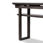 A tea house-inspired piece made from solid oak features natural cracks and graining and a warm cocoa finish Amethyst Home provides interior design, new home construction design consulting, vintage area rugs, and lighting in the Dallas metro area.