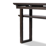 A tea house-inspired piece made from solid oak features natural cracks and graining and a warm cocoa finish Amethyst Home provides interior design, new home construction design consulting, vintage area rugs, and lighting in the Dallas metro area.