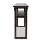 A tea house-inspired piece made from solid oak features natural cracks and graining and a warm cocoa finish Amethyst Home provides interior design, new home construction design consulting, vintage area rugs, and lighting in the Los Angeles metro area.