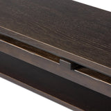 A tea house-inspired piece made from solid oak features natural cracks and graining and a warm cocoa finish Amethyst Home provides interior design, new home construction design consulting, vintage area rugs, and lighting in the Winter Garden metro area.