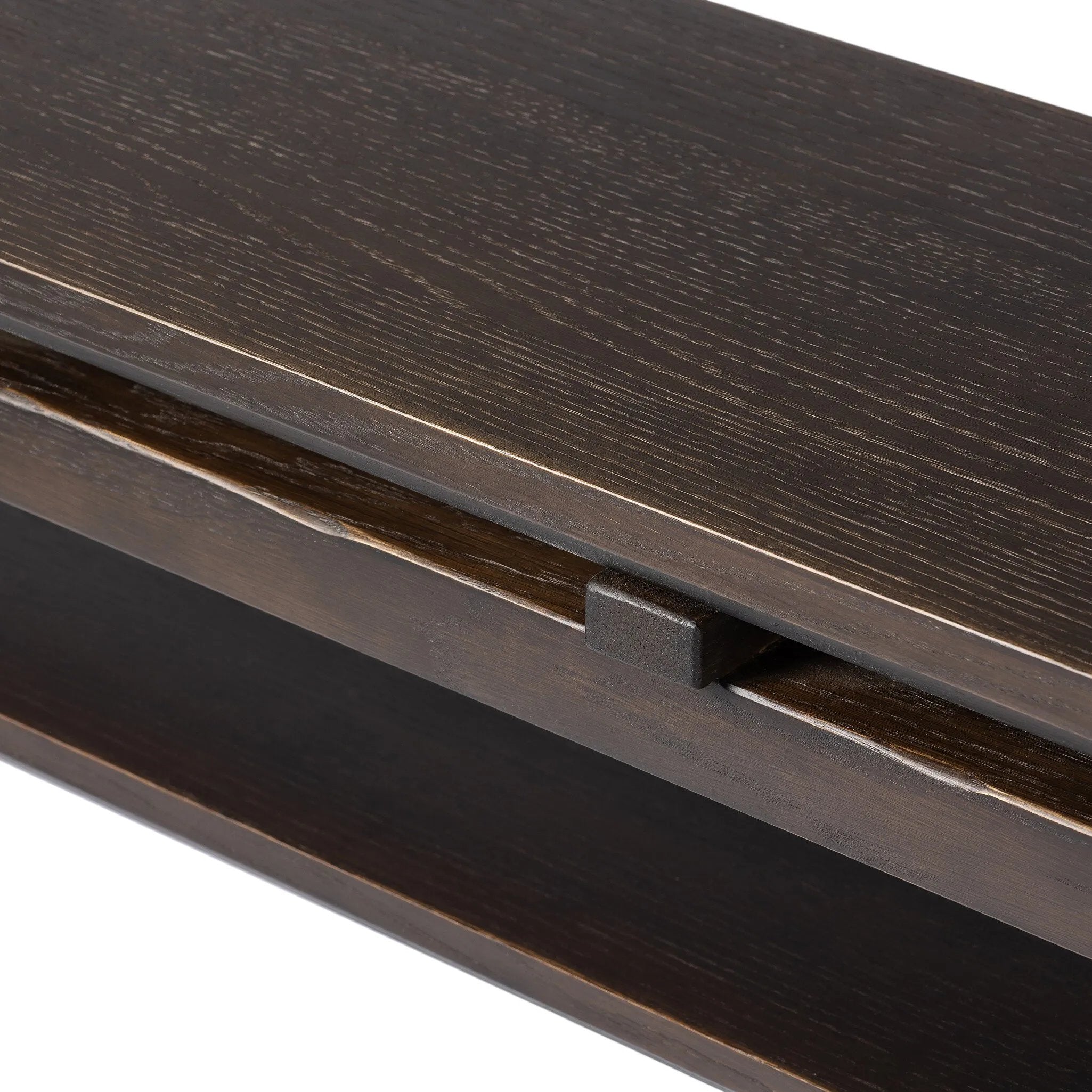 A tea house-inspired piece made from solid oak features natural cracks and graining and a warm cocoa finish Amethyst Home provides interior design, new home construction design consulting, vintage area rugs, and lighting in the Winter Garden metro area.