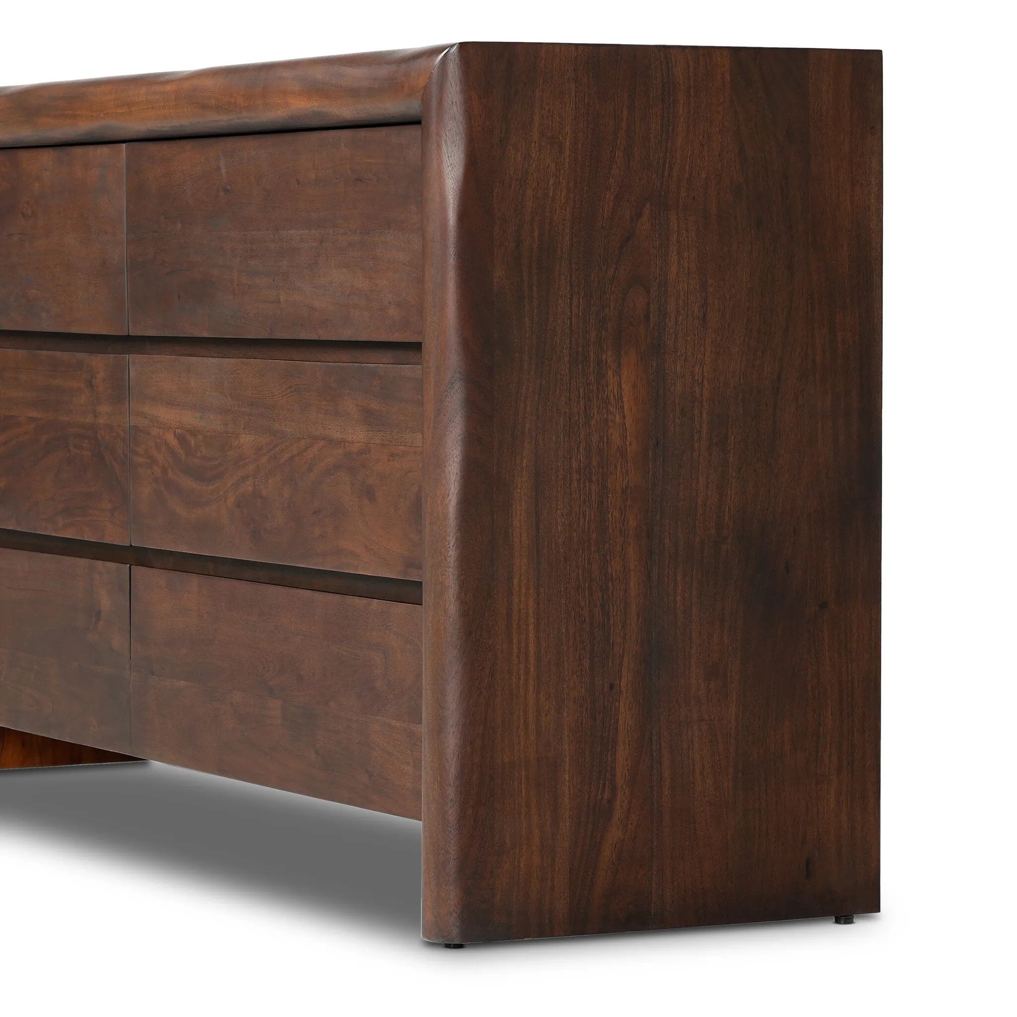 Featuring Nigel Rustic Brown Acacia 6 Drawer Dresser by Four Hands at Amethyst Home. Made from solid acacia and finished in a rustic brown, a six-drawer, waterfall-shaped dresser features soft volume, mitered corners and a faux live edge.Overall Dimensions: 69.50"w x 20.00"d x 35.25"hWeight : 278.22 lbsMaterials : Solid Acacia. Amethyst Home provides interior design, new home construction design consulting, vintage area rugs, and lighting in the Washington metro area.