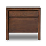 Featuring Nigel Rustic Brown Acacia Nightstand by Four Hands at Amethyst Home. A faux live edge lends natural character to the waterfall frame, its mitered corners enhancing the seamless silhouette. Soft volumes and thick proportions exude a sense of permanence, while chamfered drawer pulls add refined functionality. The warm wood tones celebrate acacia's . Amethyst Home provides interior design, new home construction design consulting, vintage area rugs, and lighting in the Alpharetta metro area.