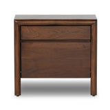 Featuring Nigel Rustic Brown Acacia Nightstand by Four Hands at Amethyst Home. A faux live edge lends natural character to the waterfall frame, its mitered corners enhancing the seamless silhouette. Soft volumes and thick proportions exude a sense of permanence, while chamfered drawer pulls add refined functionality. The warm wood tones celebrate acacia's . Amethyst Home provides interior design, new home construction design consulting, vintage area rugs, and lighting in the Alpharetta metro area.
