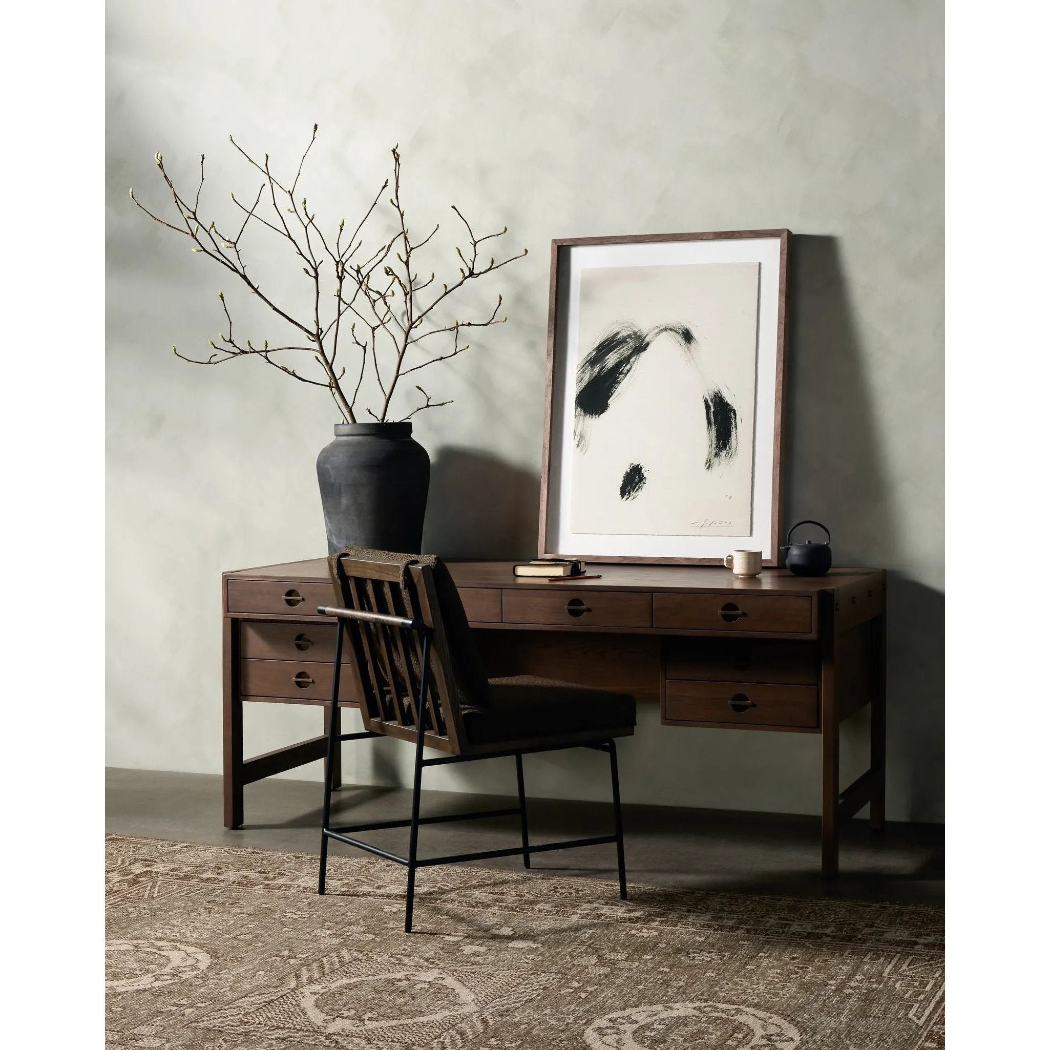 Featuring Oakley Dark Toasted Oak Veneer Desk by Four Hands at Amethyst Home. Made from warm-toasted oak, brass-finished bolt covers add an aesthetic element to a storage-driven desk. Eight drawers plus open shelving offer plenty of space for office staples.Overall Dimensions: 72.00"w x 32.00"d x 30.00"hWeight : 186.29 lbsMaterials: Oak Veneer. Amethyst Home provides interior design, new home construction design consulting, vintage area rugs, and lighting in the Des Moines metro area.