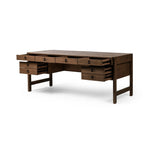 Featuring Oakley Dark Toasted Oak Veneer Desk by Four Hands at Amethyst Home. Made from warm-toasted oak, brass-finished bolt covers add an aesthetic element to a storage-driven desk. Eight drawers plus open shelving offer plenty of space for office staples.Overall Dimensions: 72.00"w x 32.00"d x 30.00"hWeight : 186.29 lbsMaterials: Oak Veneer. Amethyst Home provides interior design, new home construction design consulting, vintage area rugs, and lighting in the Omaha metro area.
