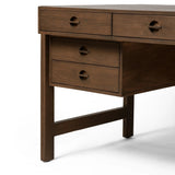 Featuring Oakley Dark Toasted Oak Veneer Desk by Four Hands at Amethyst Home. Made from warm-toasted oak, brass-finished bolt covers add an aesthetic element to a storage-driven desk. Eight drawers plus open shelving offer plenty of space for office staples.Overall Dimensions: 72.00"w x 32.00"d x 30.00"hWeight : 186.29 lbsMaterials: Oak Veneer. Amethyst Home provides interior design, new home construction design consulting, vintage area rugs, and lighting in the Tampa metro area.