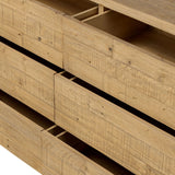 Beauty in simplicity. A clean, spacious six-drawer dresser of blonde-finished pine can be styled into a wide range of styles thanks to its neutral versatility Amethyst Home provides interior design, new home construction design consulting, vintage area rugs, and lighting in the Dallas metro area.