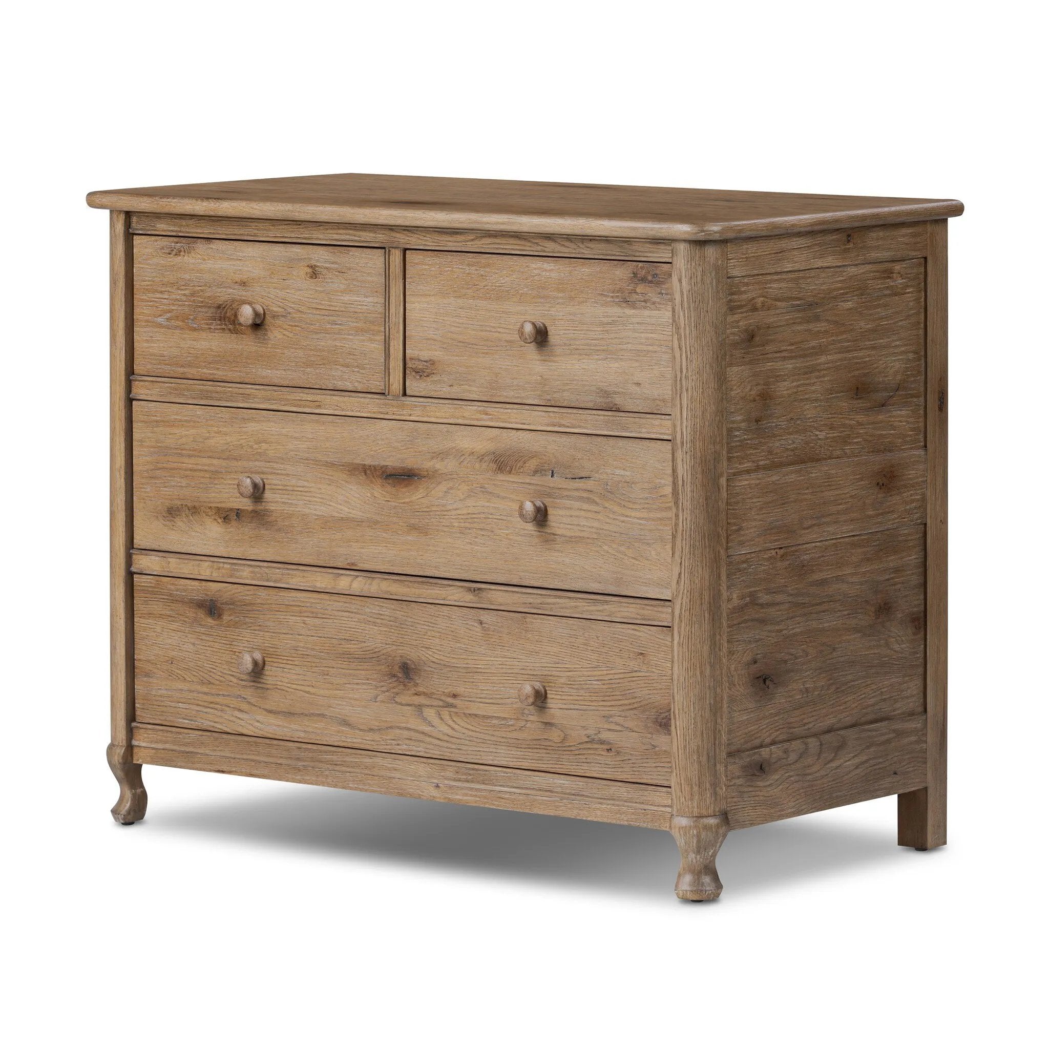 A classic chest stores in everlasting style. Crafted with heavy weathered oak with natural cracks and graining, the front has beading around the drawers for an heirloom appeal. It's finished in a tonal brown, with turned wood hardware Amethyst Home provides interior design, new home construction design consulting, vintage area rugs, and lighting in the Houston metro area.