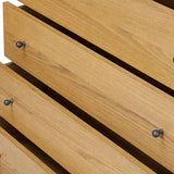 Create storage space in the bedroom with a five-drawer dresser of amber-finished oak. Chunky dowel legs support a tall silhouette and overhang top, all finished out with simple gunmetal hardware Amethyst Home provides interior design, new home construction design consulting, vintage area rugs, and lighting in the Park City metro area.