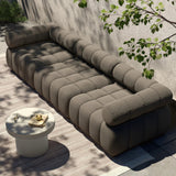 Featuring Roma Alessi Fawn Outdoor 3-Piece Sectional by Four Hands at Amethyst Home. A modern take on mid-century Italian design, soft volume and exaggerated proportions fuse for a sculpted look and playful feel. Atop a plinth-style teak base, outdoor-friendly three-piece sectional with ottoman features dramatic tufting for a padded sit, indoors and out. Cover. Amethyst Home provides interior design, new home construction design consulting, vintage area rugs, and lighting in the Austin metro area.