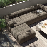 Featuring Roma Alessi Fawn Outdoor 3-Piece Sectional by Four Hands at Amethyst Home. A modern take on mid-century Italian design, soft volume and exaggerated proportions fuse for a sculpted look and playful feel. Atop a plinth-style teak base, outdoor-friendly three-piece sectional with ottoman features dramatic tufting for a padded sit, indoors and out. Co. Amethyst Home provides interior design, new home construction design consulting, vintage area rugs, and lighting in the Nashville metro area.