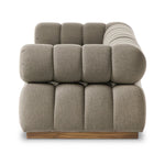 Featuring Roma Alessi Fawn Outdoor 3-Piece Sectional by Four Hands at Amethyst Home. A modern take on mid-century Italian design, soft volume and exaggerated proportions fuse for a sculpted look and playful feel. Atop a plinth-style teak base, outdoor-friendly three-piece sectional with ottoman features dramatic tufting for a padded sit, indoors and out. Cover . Amethyst Home provides interior design, new home construction design consulting, vintage area rugs, and lighting in the Omaha metro area.