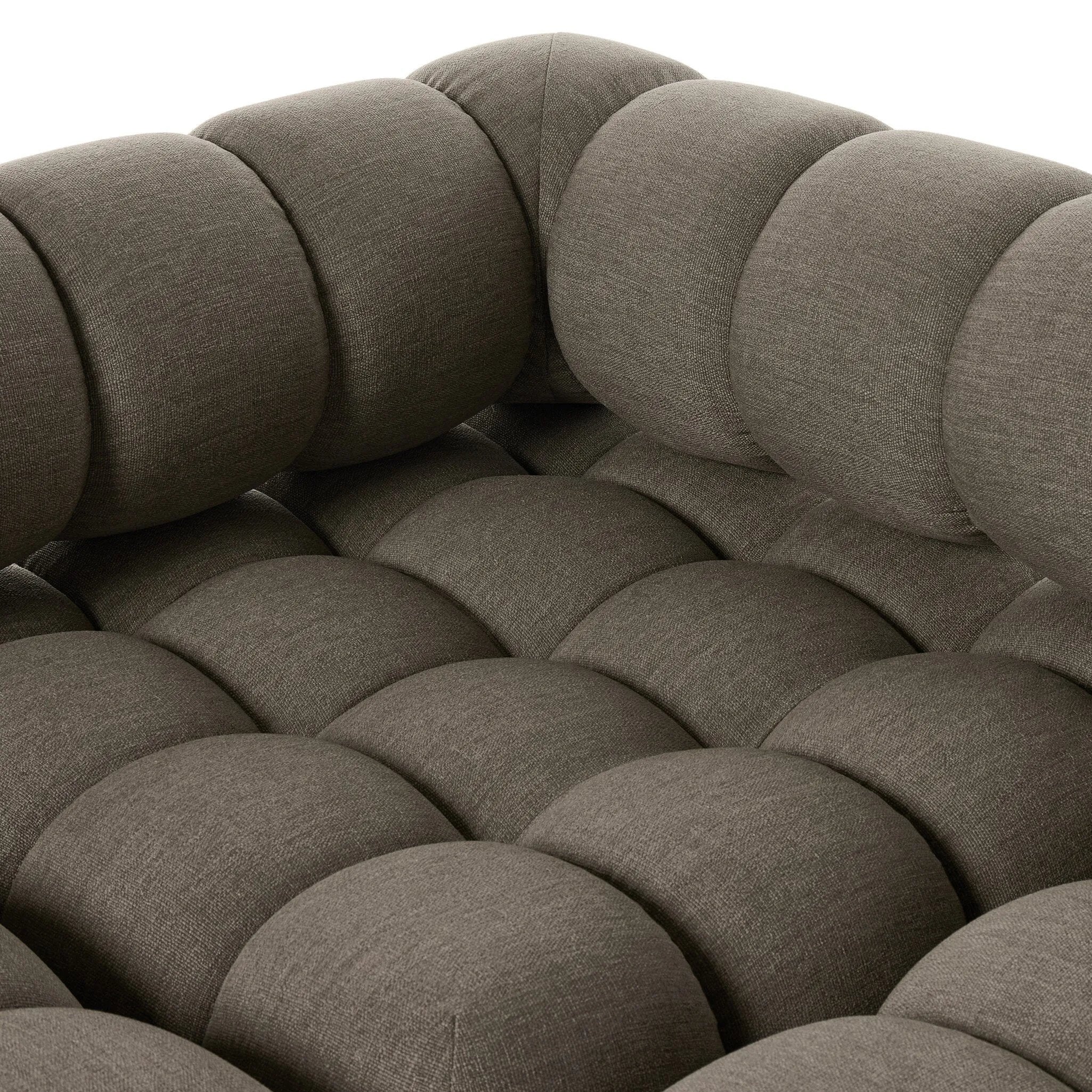 Featuring Roma Alessi Fawn Outdoor 3-Piece Sectional by Four Hands at Amethyst Home. A modern take on mid-century Italian design, soft volume and exaggerated proportions fuse for a sculpted look and playful feel. Atop a plinth-style teak base, outdoor-friendly three-piece sectional with ottoman features dramatic tufting for a padded sit, indoors and out. Cov. Amethyst Home provides interior design, new home construction design consulting, vintage area rugs, and lighting in the Portland metro area.