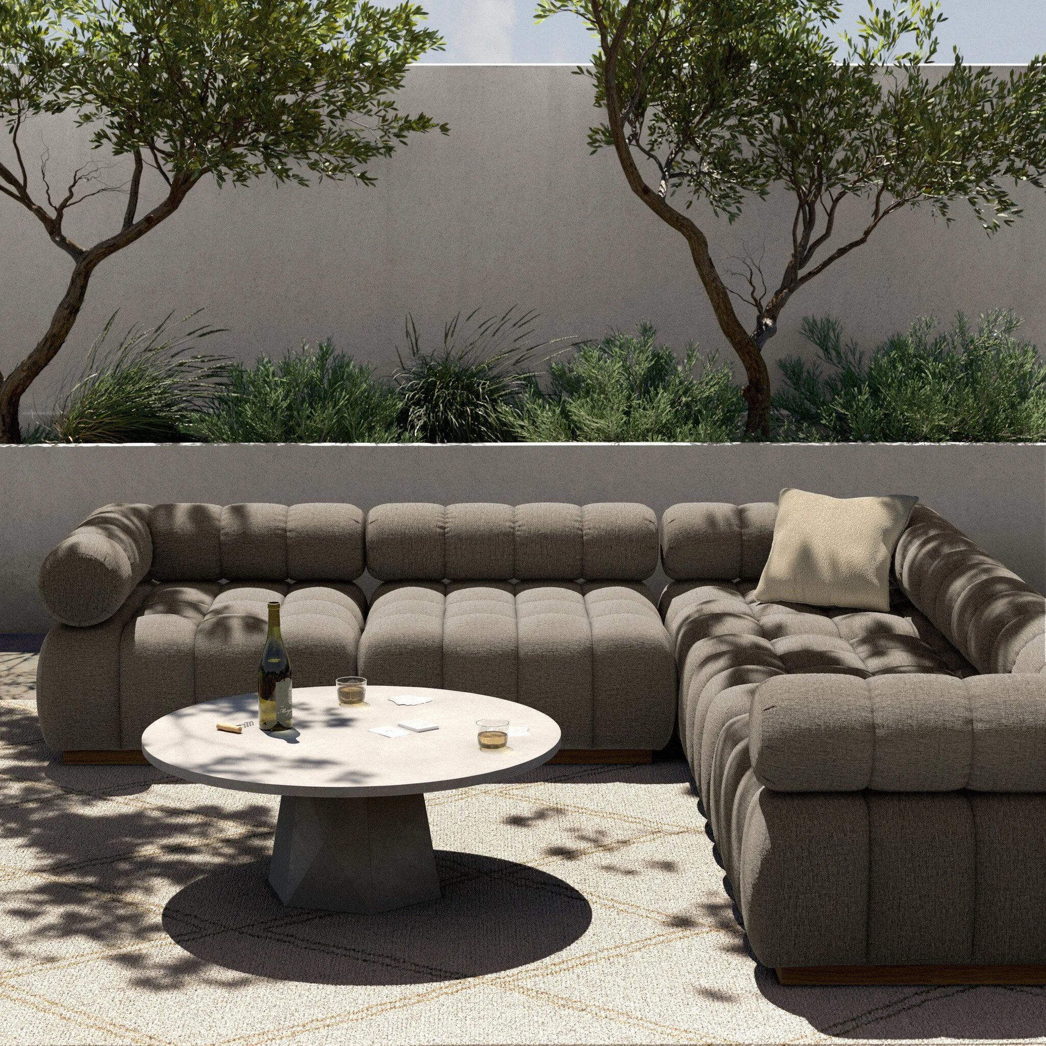 Featuring Roma Alessi Fawn Outdoor 5-Piece Sectional by Four Hands at Amethyst Home. A modern take on mid-century Italian design, soft volume and exaggerated proportions fuse for a sculpted look and playful feel. Atop a plinth-style teak base, outdoor-friendly five-piece sectional features dramatic tufting for a padded sit, indoors and out. Sustainably made wi. Amethyst Home provides interior design, new home construction design consulting, vintage area rugs, and lighting in the Boston metro area.