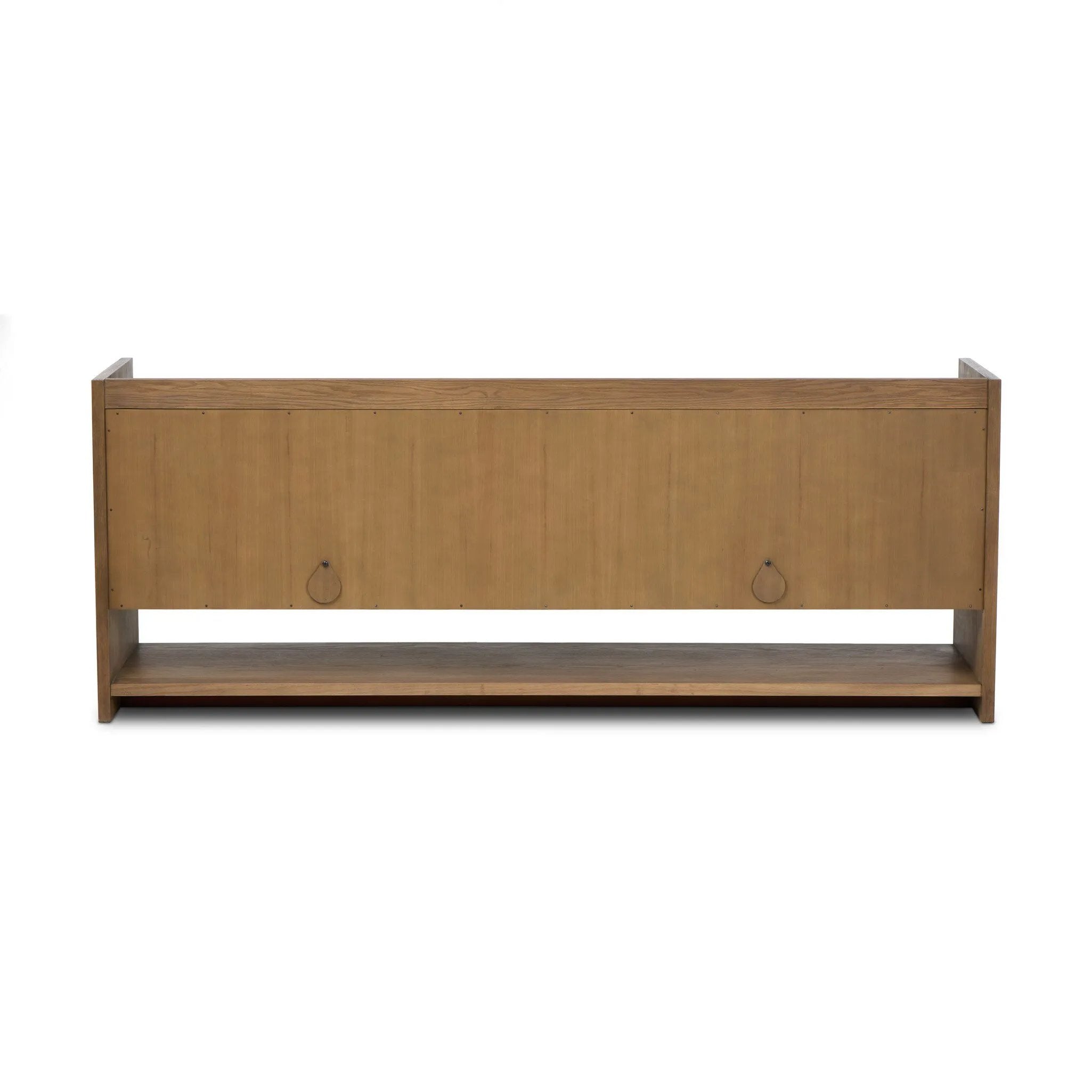 Resawn warm oak gives this sideboard's simple paneled design its standout striations. The paneled frame has a gallery top, and the bottom shelf provides open storage Amethyst Home provides interior design, new home construction design consulting, vintage area rugs, and lighting in the Charlotte metro area.