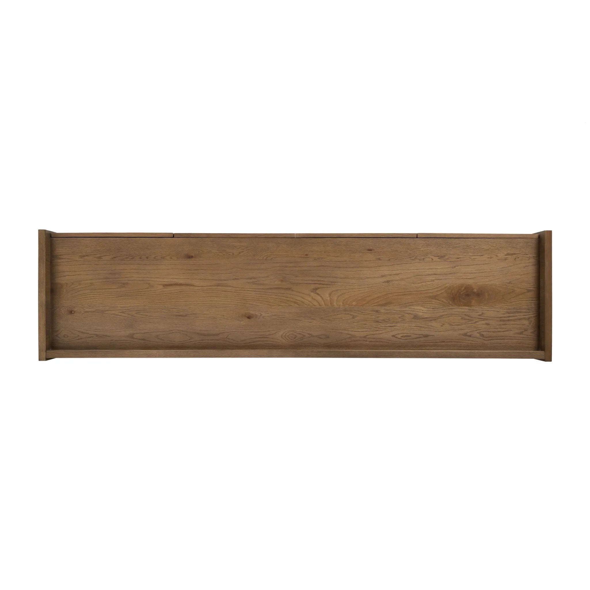 Resawn warm oak gives this sideboard's simple paneled design its standout striations. The paneled frame has a gallery top, and the bottom shelf provides open storage Amethyst Home provides interior design, new home construction design consulting, vintage area rugs, and lighting in the Houston metro area.