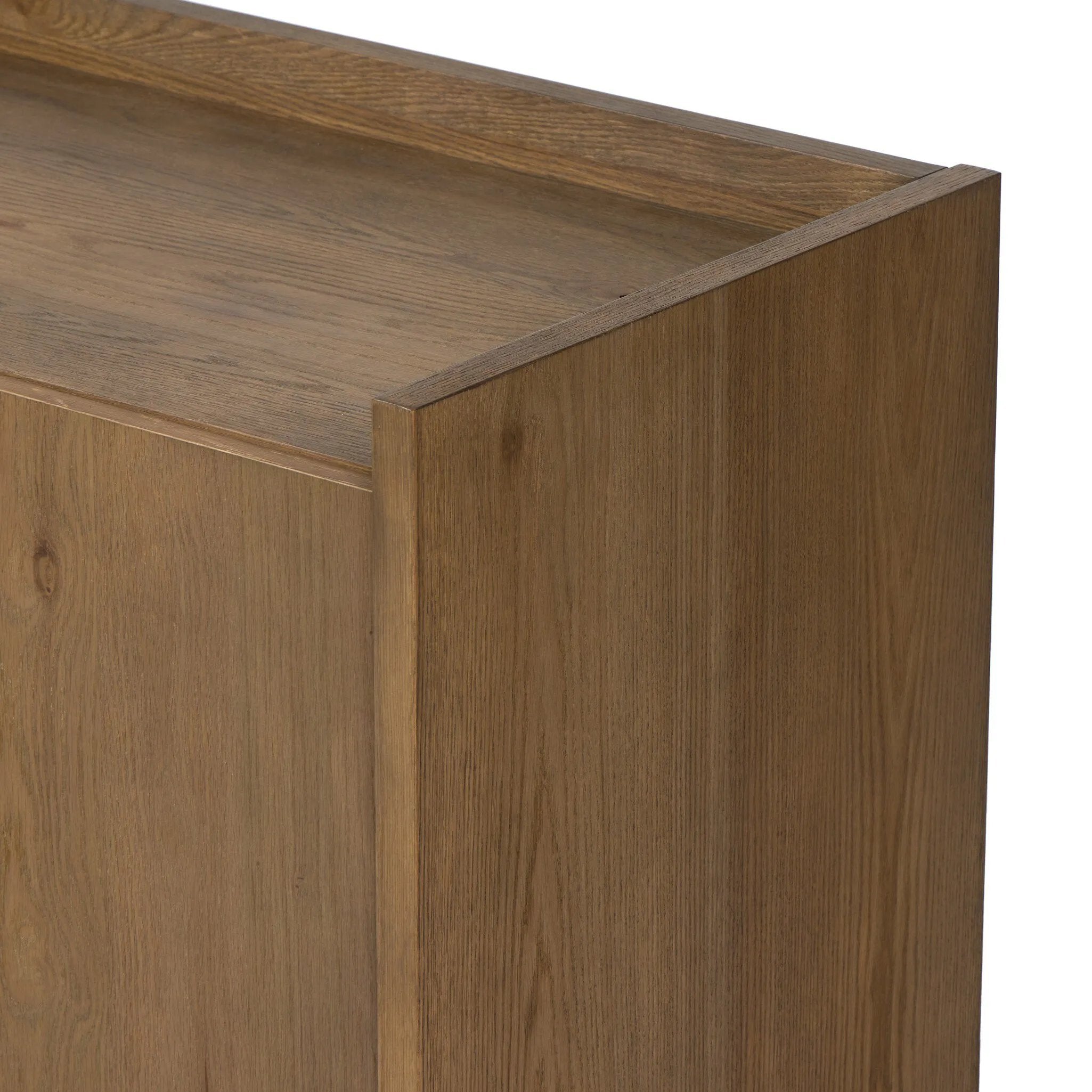 Resawn warm oak gives this sideboard's simple paneled design its standout striations. The paneled frame has a gallery top, and the bottom shelf provides open storage Amethyst Home provides interior design, new home construction design consulting, vintage area rugs, and lighting in the San Diego metro area.