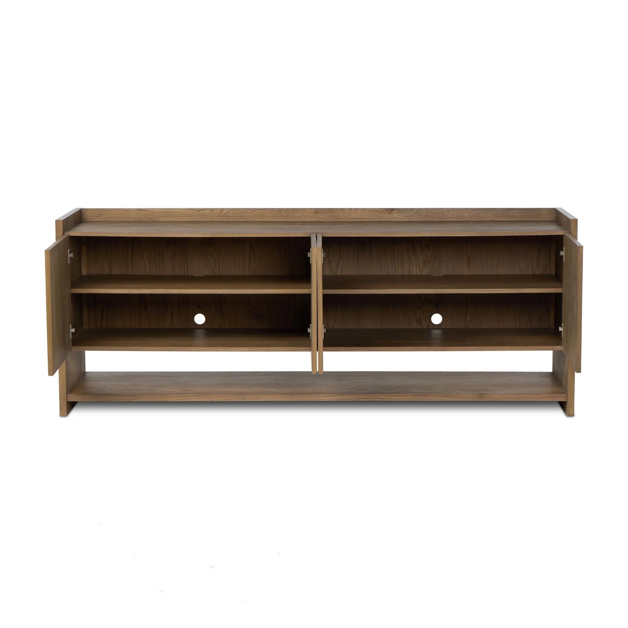 Resawn warm oak gives this sideboard's simple paneled design its standout striations. The paneled frame has a gallery top, and the bottom shelf provides open storage Amethyst Home provides interior design, new home construction design consulting, vintage area rugs, and lighting in the Tampa metro area.