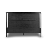 Ebony-finished oak frames a sling-style headboard made from top-grain leather, with subtly rounded edges and metal dowel detailing Amethyst Home provides interior design, new home construction design consulting, vintage area rugs, and lighting in the Seattle metro area.
