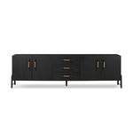 Featuring Rosedale Ebony Oak Veneer Media Console by Four Hands at Amethyst Home. This Rosedale Ebony Oak Veneer Media Console is the perfect addition to any media room or living space. Made with high-quality materials and a sleek design, this media console provides ample storage for all of your media devices. With its ebony oak veneer finish, it is both s. Amethyst Home provides interior design, new home construction design consulting, vintage area rugs, and lighting in the Alpharetta metro area.
