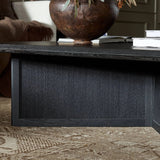 Featuring Rosenell Black Oak Veneer Square Coffee Table by Four Hands at Amethyst Home. Anchor your living space with a squared coffee table of black-finished oak. A smooth top pairs with a panel-style base of woven paper cord for a rich, clean look that will work into your collection beautifully. Overall Dimensions: 55.00"w x 55.00"d x 15.00"h. Amethyst Home provides interior design, new home construction design consulting, vintage area rugs, and lighting in the Miami metro area.