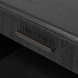 Elevate your bedside storage with a nightstand of black-finished oak. A smooth top pairs with a single drawer front of woven paper cord for a dark, rich look that will work into your bedroom collection beautifully Amethyst Home provides interior design, new home construction design consulting, vintage area rugs, and lighting in the Newport Beach metro area.