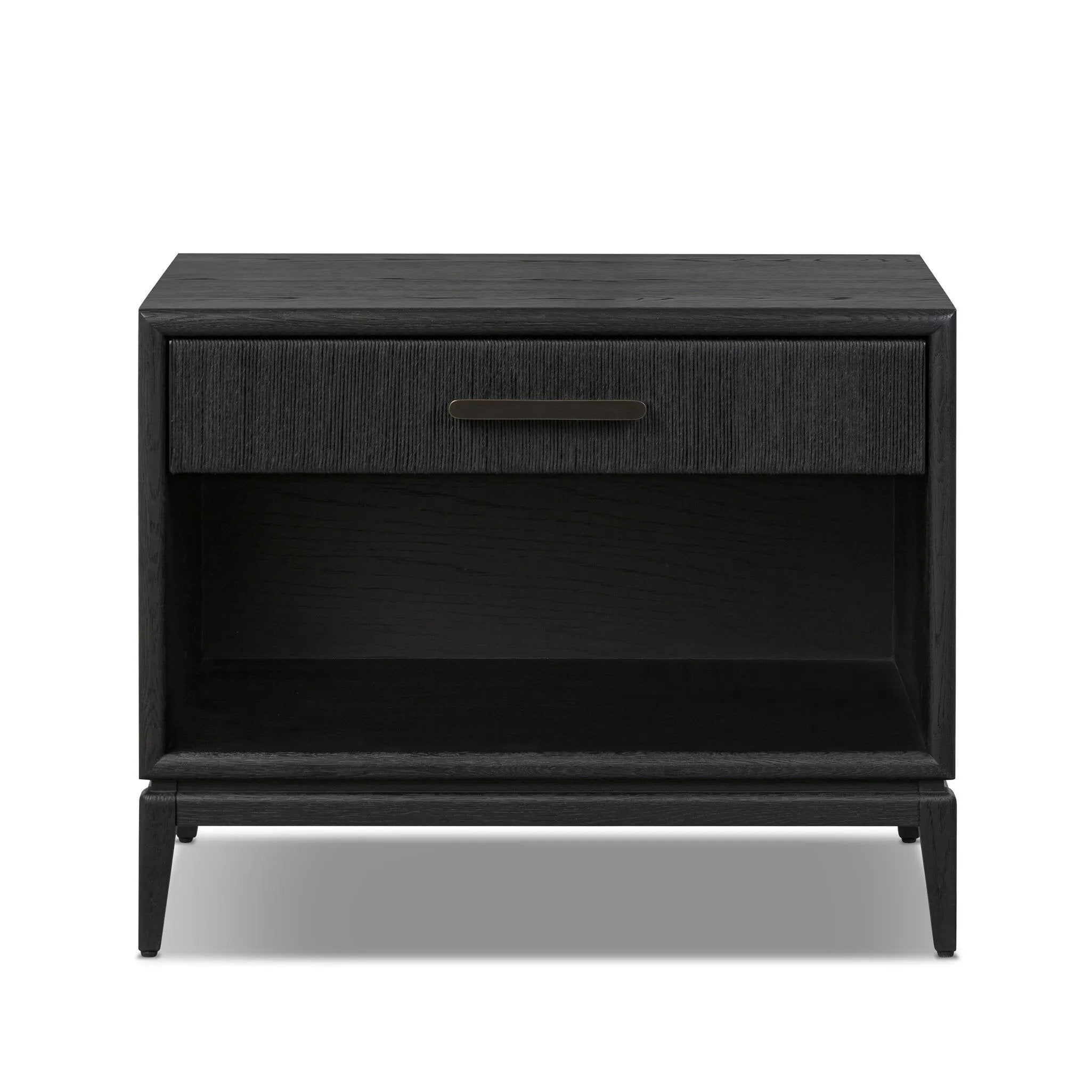 Elevate your bedside storage with a nightstand of black-finished oak. A smooth top pairs with a single drawer front of woven paper cord for a dark, rich look that will work into your bedroom collection beautifully Amethyst Home provides interior design, new home construction design consulting, vintage area rugs, and lighting in the Park City metro area.