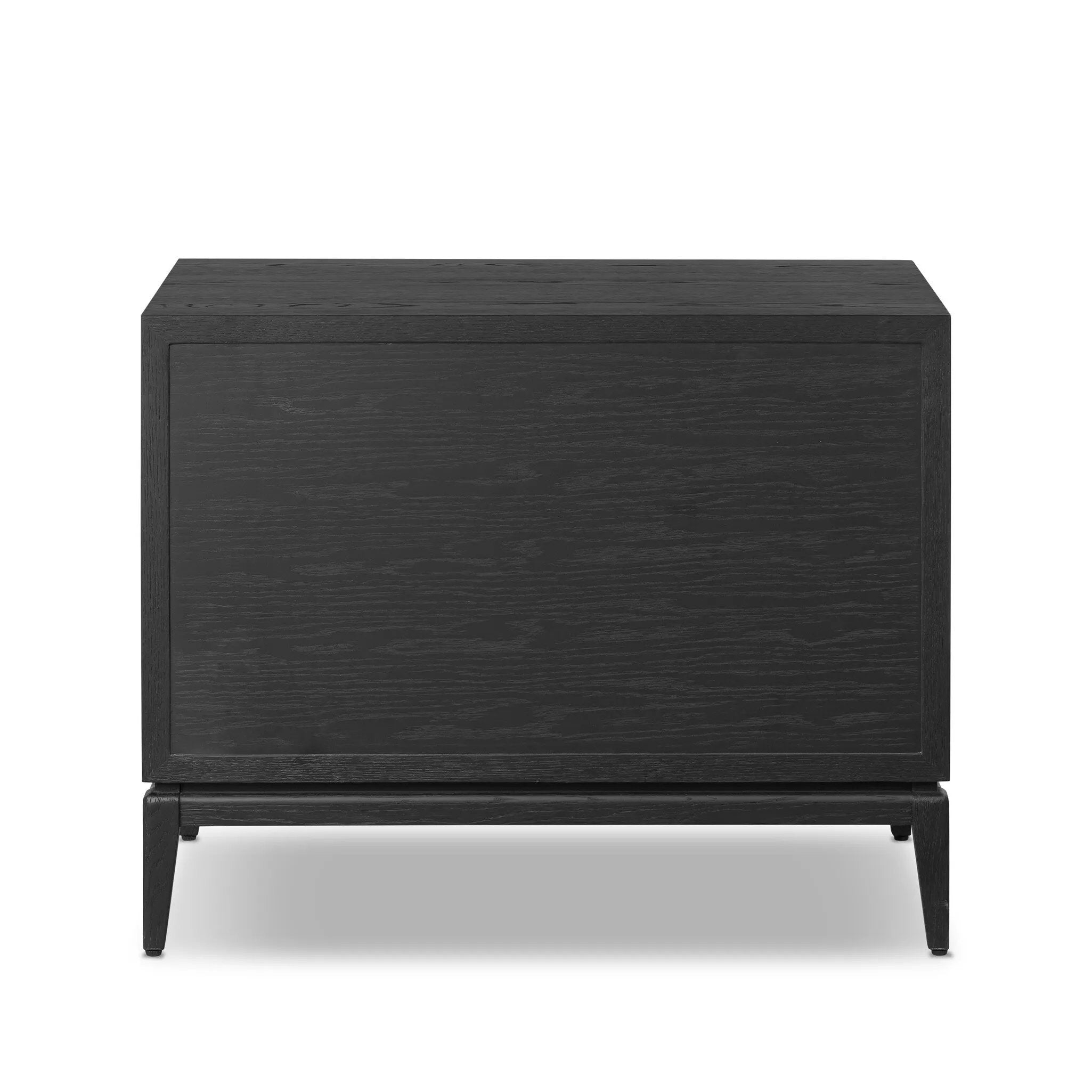 Elevate your bedside storage with a nightstand of black-finished oak. A smooth top pairs with a single drawer front of woven paper cord for a dark, rich look that will work into your bedroom collection beautifully Amethyst Home provides interior design, new home construction design consulting, vintage area rugs, and lighting in the Seattle metro area.