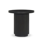 Inspired by décor in the majestic palaces of Jaipur, a conversation-starting end table is made from mixed reclaimed woods, with a rounded top and base with vertical reeding Amethyst Home provides interior design, new home construction design consulting, vintage area rugs, and lighting in the Monterey metro area.