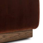 Velvety upholstery in a deep auburn hue covers clean-angled, deeply cushioned seating with a 360-degree swivel base for relaxed lounging and conversation Amethyst Home provides interior design, new home construction design consulting, vintage area rugs, and lighting in the Calabasas metro area.