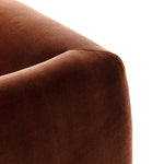 Velvety upholstery in a deep auburn hue covers clean-angled, deeply cushioned seating with a 360-degree swivel base for relaxed lounging and conversation Amethyst Home provides interior design, new home construction design consulting, vintage area rugs, and lighting in the Portland metro area.