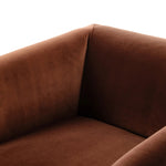 Velvety upholstery in a deep auburn hue covers clean-angled, deeply cushioned seating with a 360-degree swivel base for relaxed lounging and conversation Amethyst Home provides interior design, new home construction design consulting, vintage area rugs, and lighting in the Washington metro area.