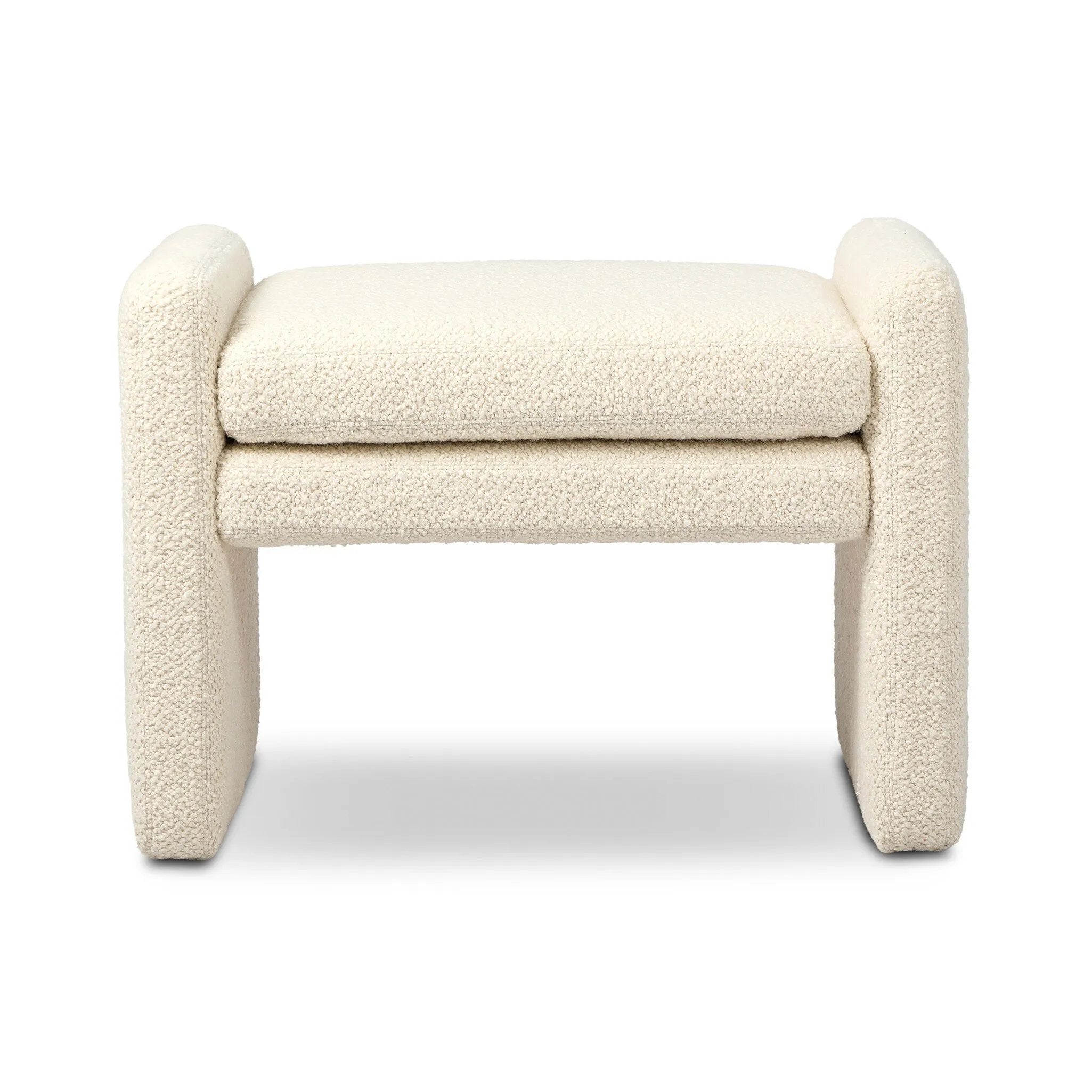 A traditional wool-blend fabric in cream covers this versatile ottoman for an easy fit in any room Amethyst Home provides interior design, new home construction design consulting, vintage area rugs, and lighting in the Charlotte metro area.