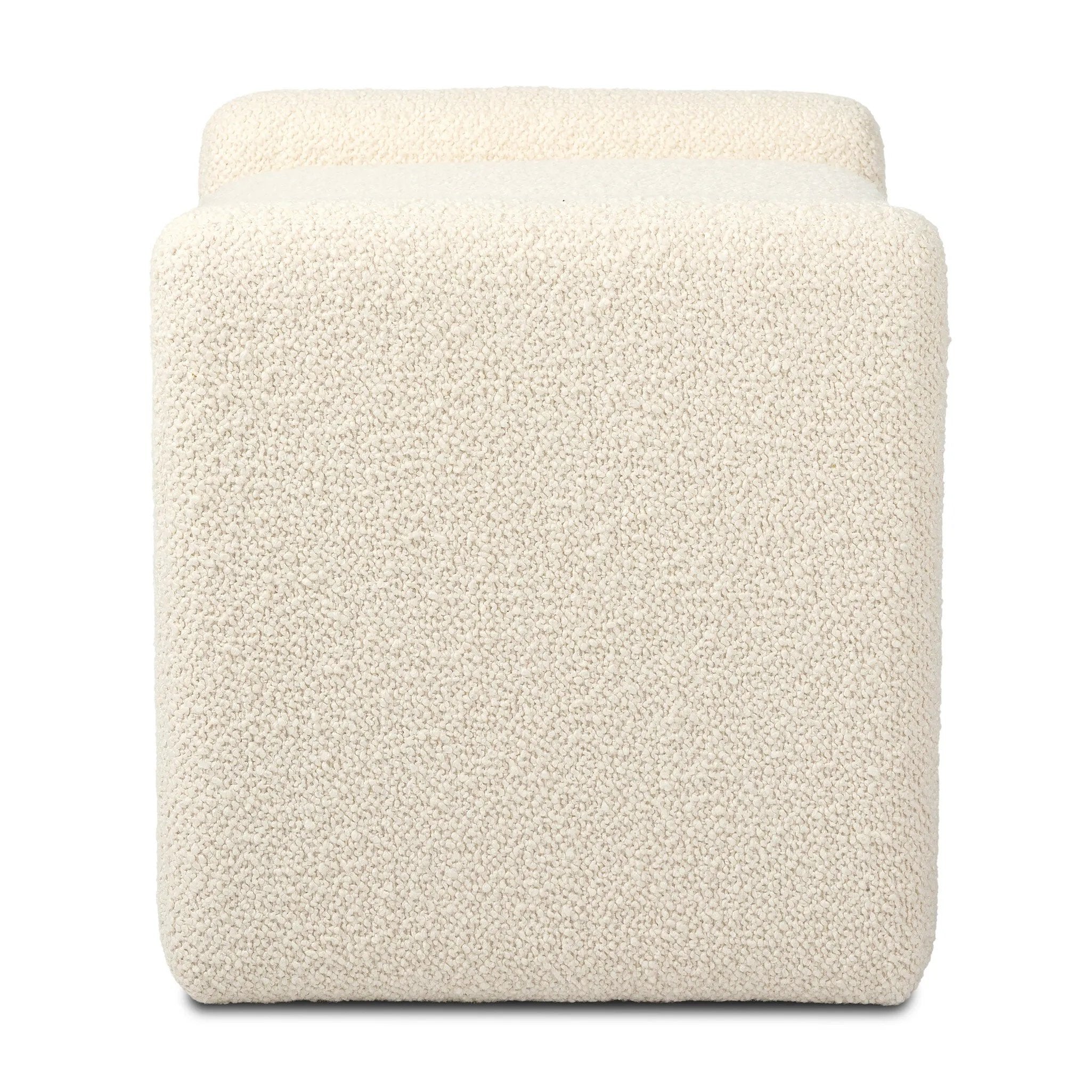 A traditional wool-blend fabric in cream covers this versatile ottoman for an easy fit in any room Amethyst Home provides interior design, new home construction design consulting, vintage area rugs, and lighting in the Laguna Beach metro area.